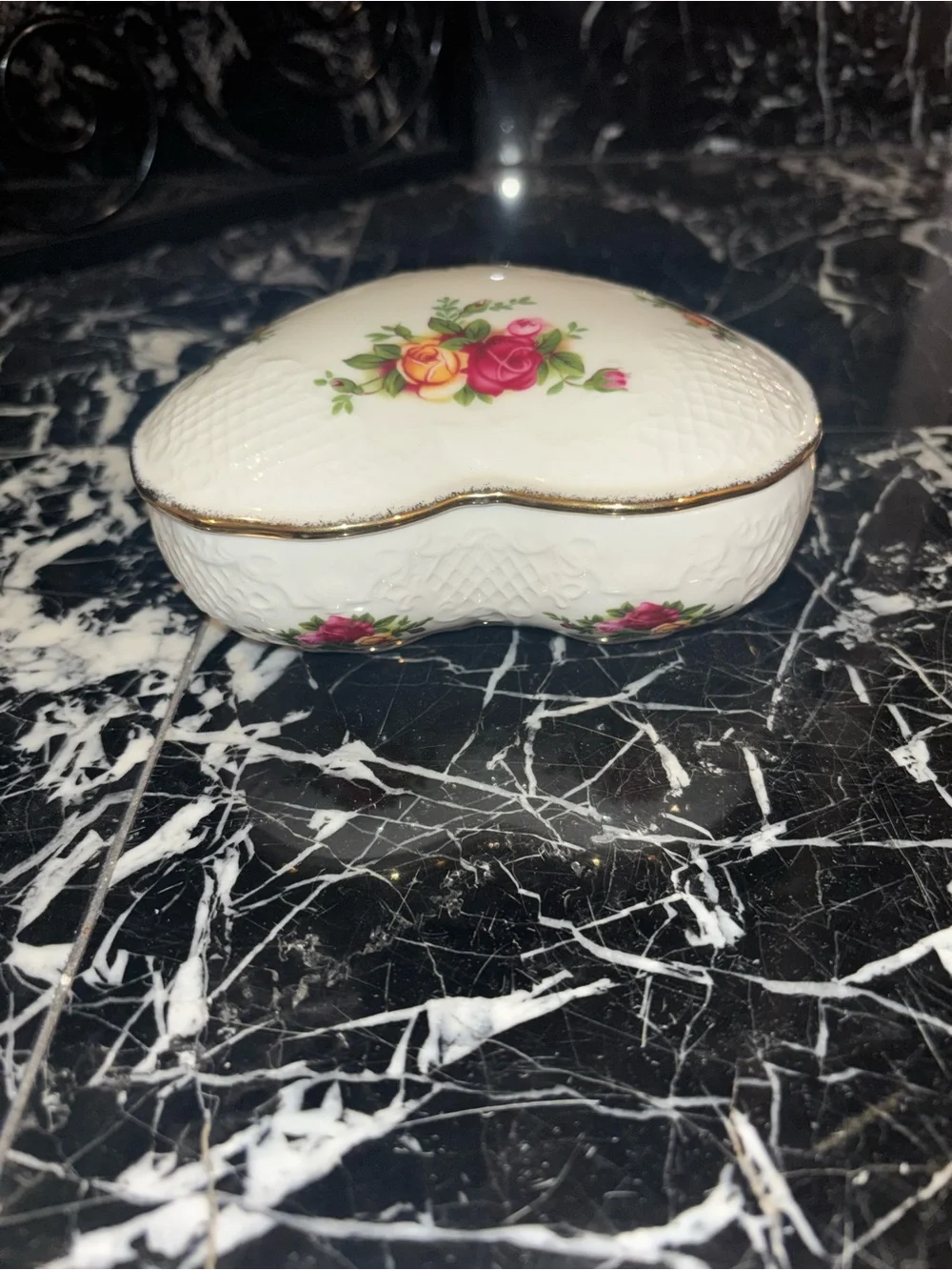 Royal Albert White Heart-Shaped Trinket Dish with Pink and Yellow Rose Motif